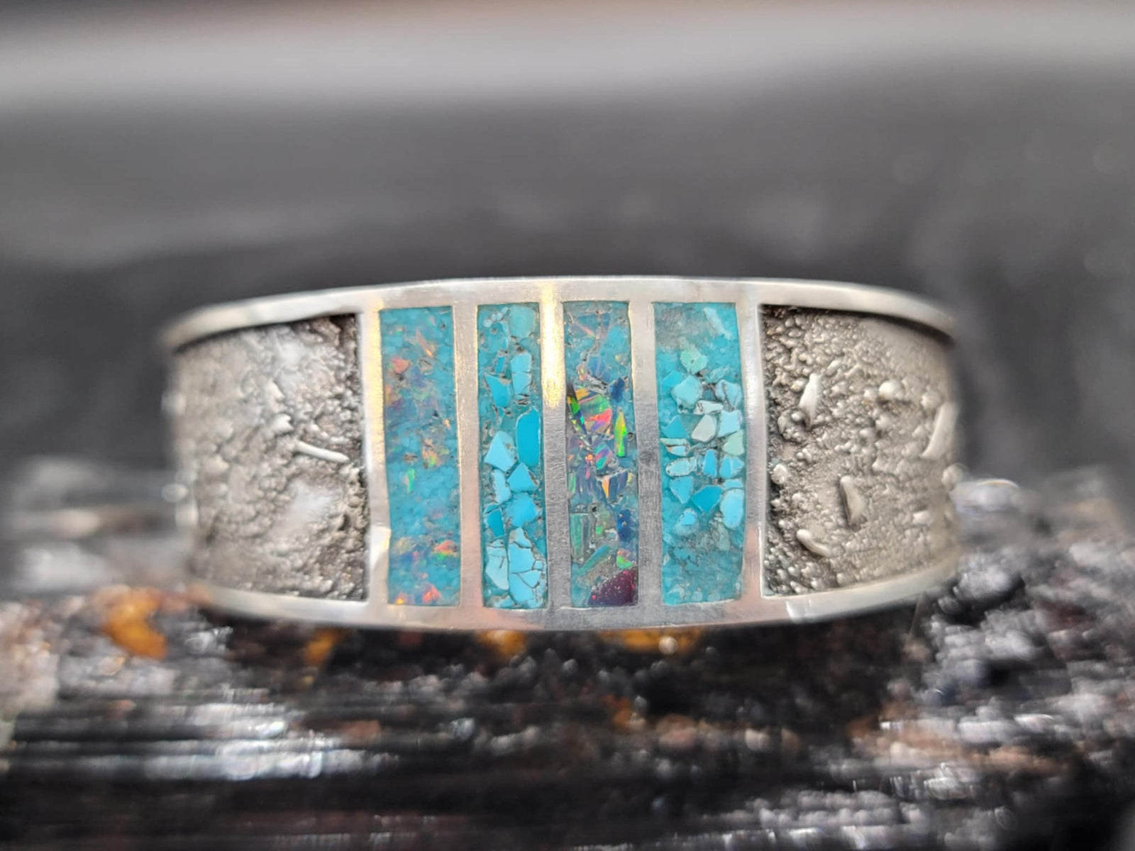 Turquoise & Black Opal, Silver Dusted Bracelet