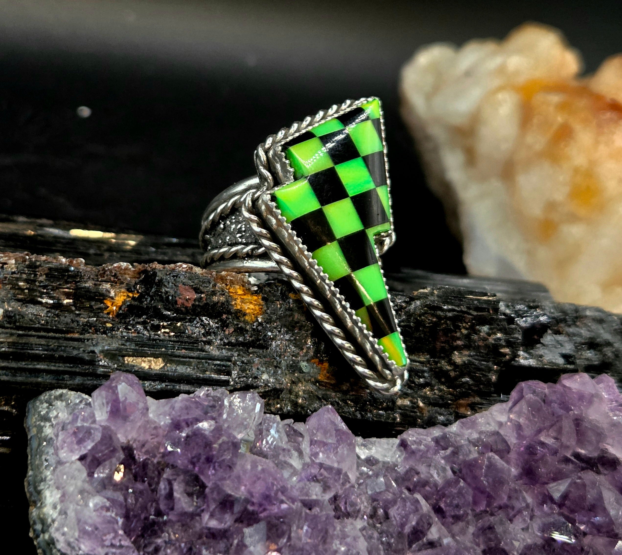 Checkered Green Aurora Opal & Black Onyx