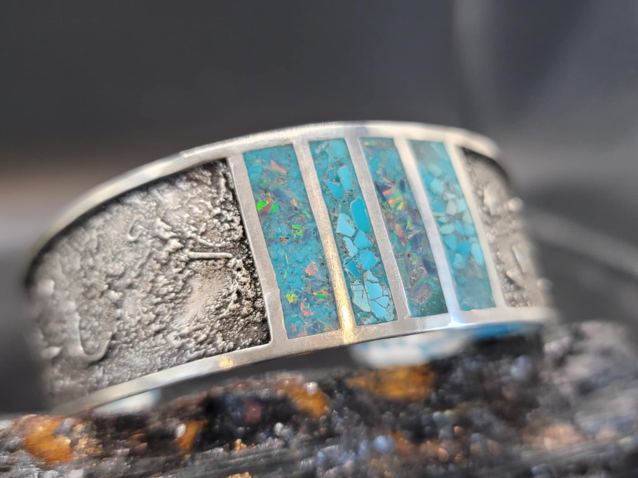 Turquoise & Black Opal, Silver Dusted Bracelet