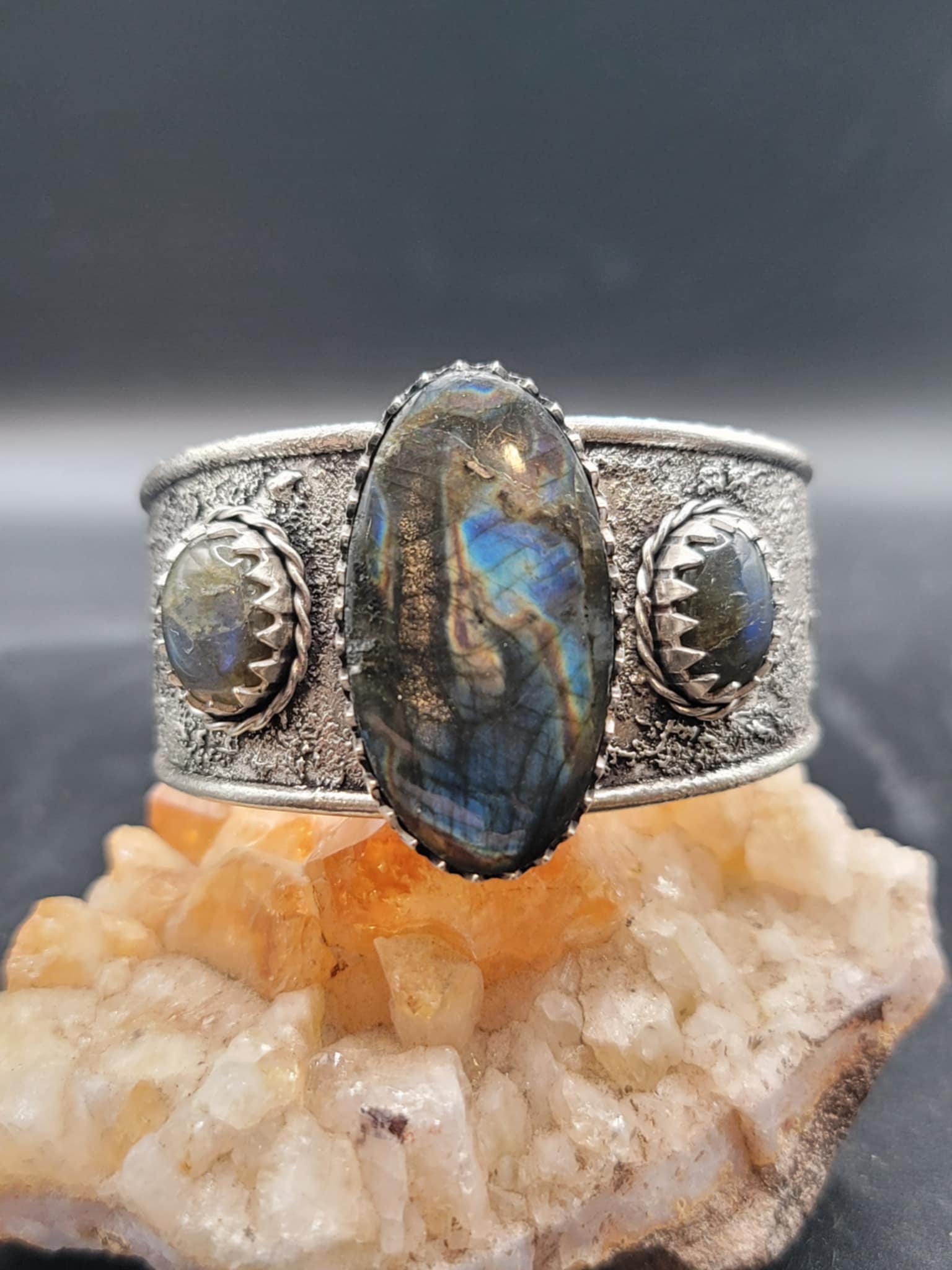 Spectrolite & Labradorite Textured Cuff Bracelet