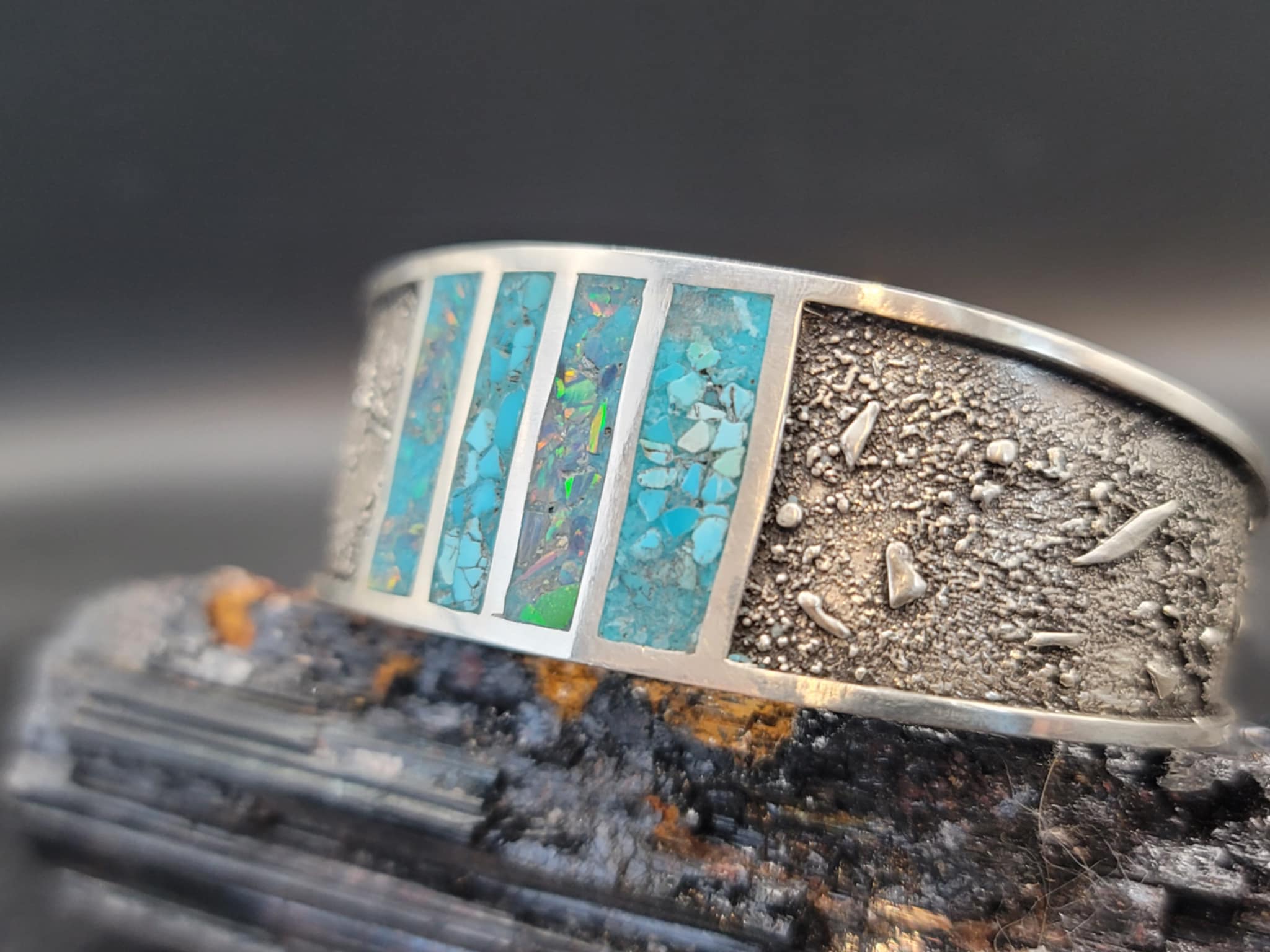 Turquoise & Black Opal, Silver Dusted Bracelet