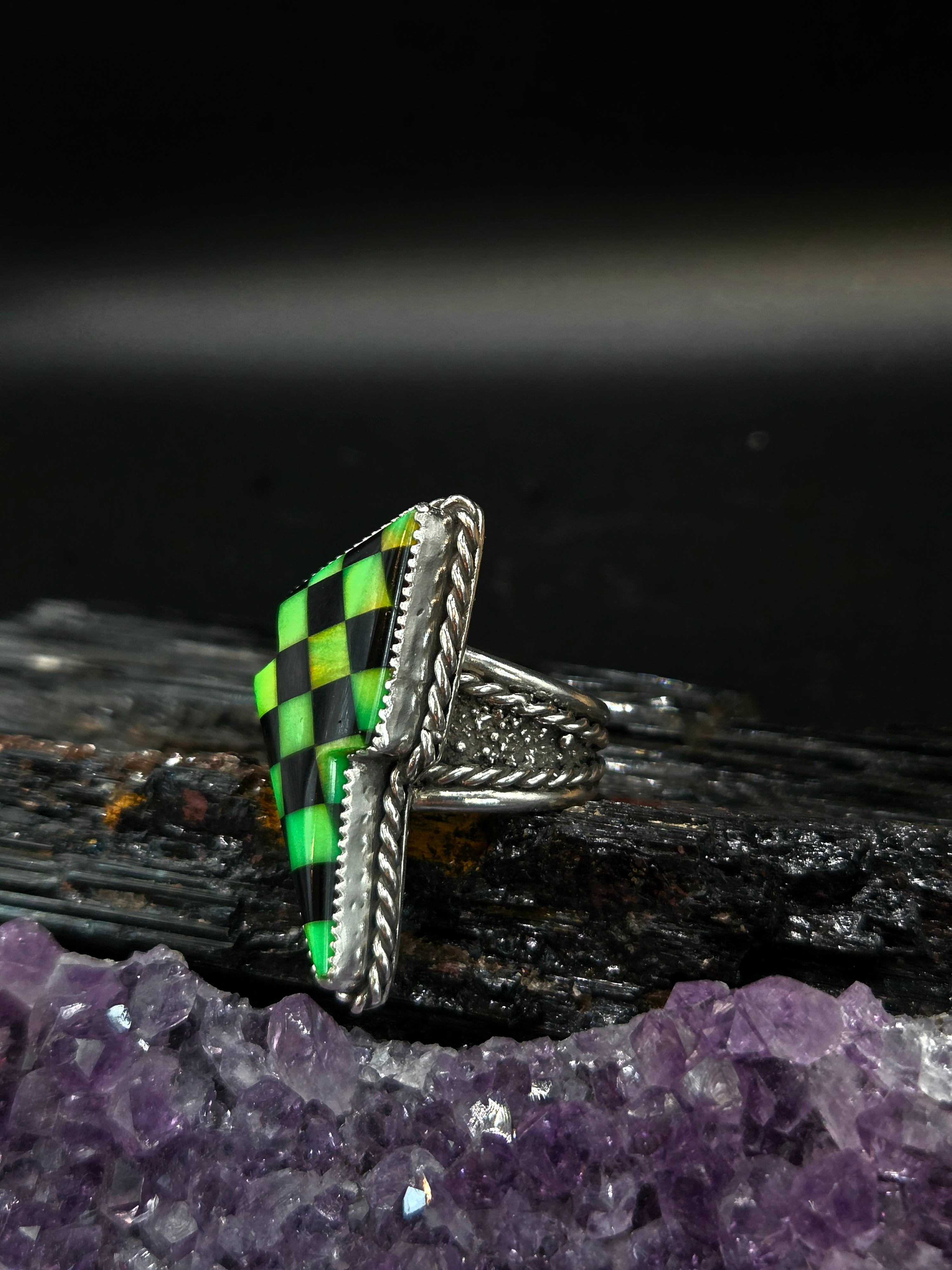 Checkered Green Aurora Opal & Black Onyx