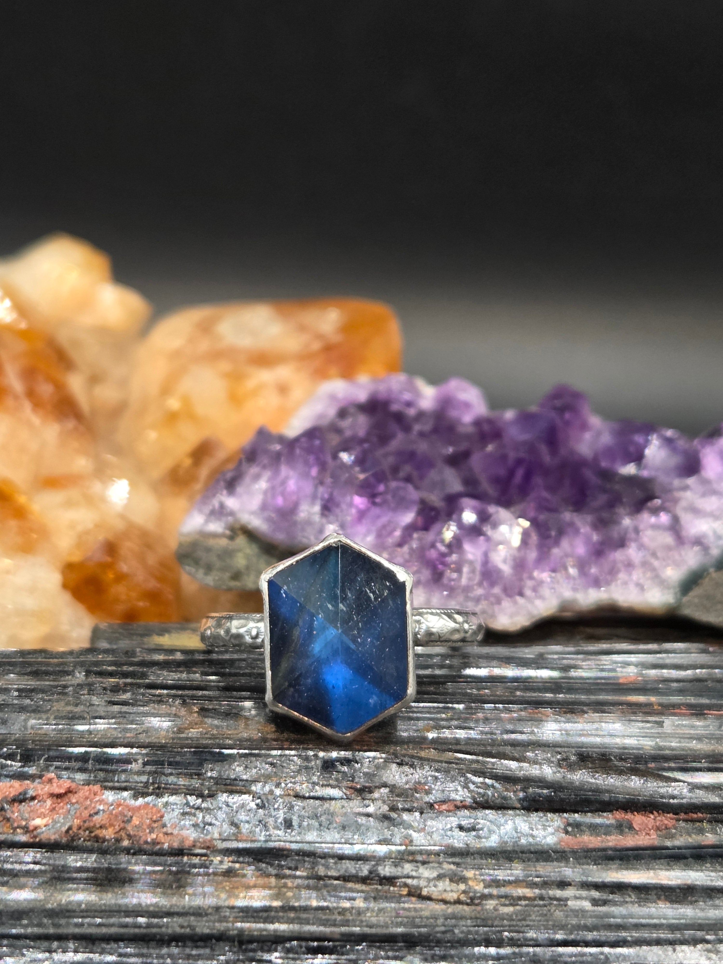 Deep Blue Labradorite Topped Golden Rutilated Quartz