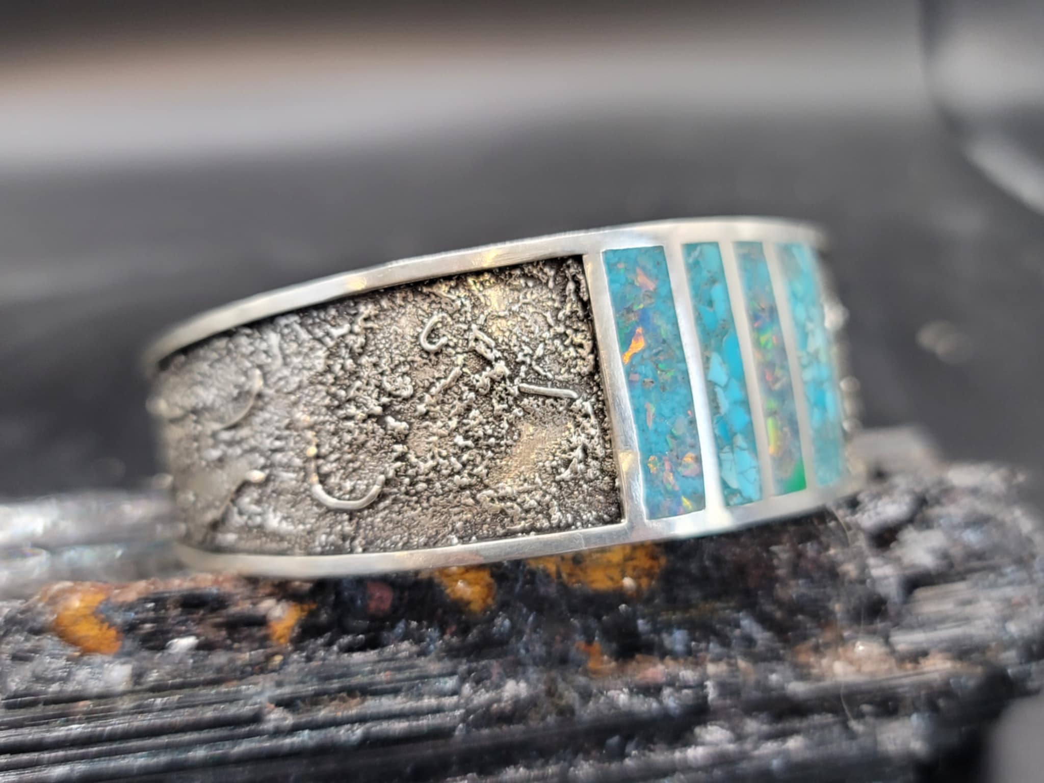 Turquoise & Black Opal, Silver Dusted Bracelet