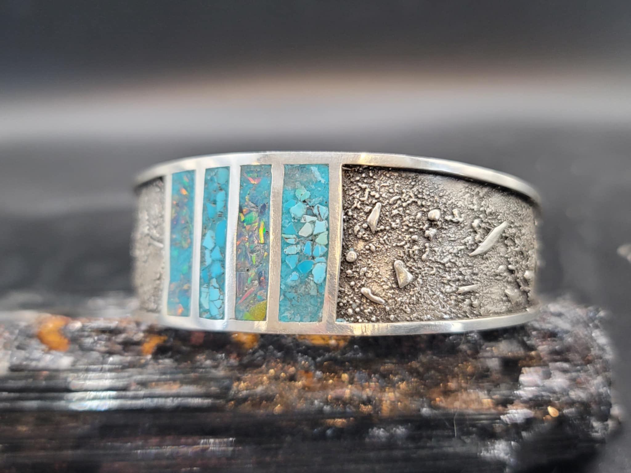 Turquoise & Black Opal, Silver Dusted Bracelet
