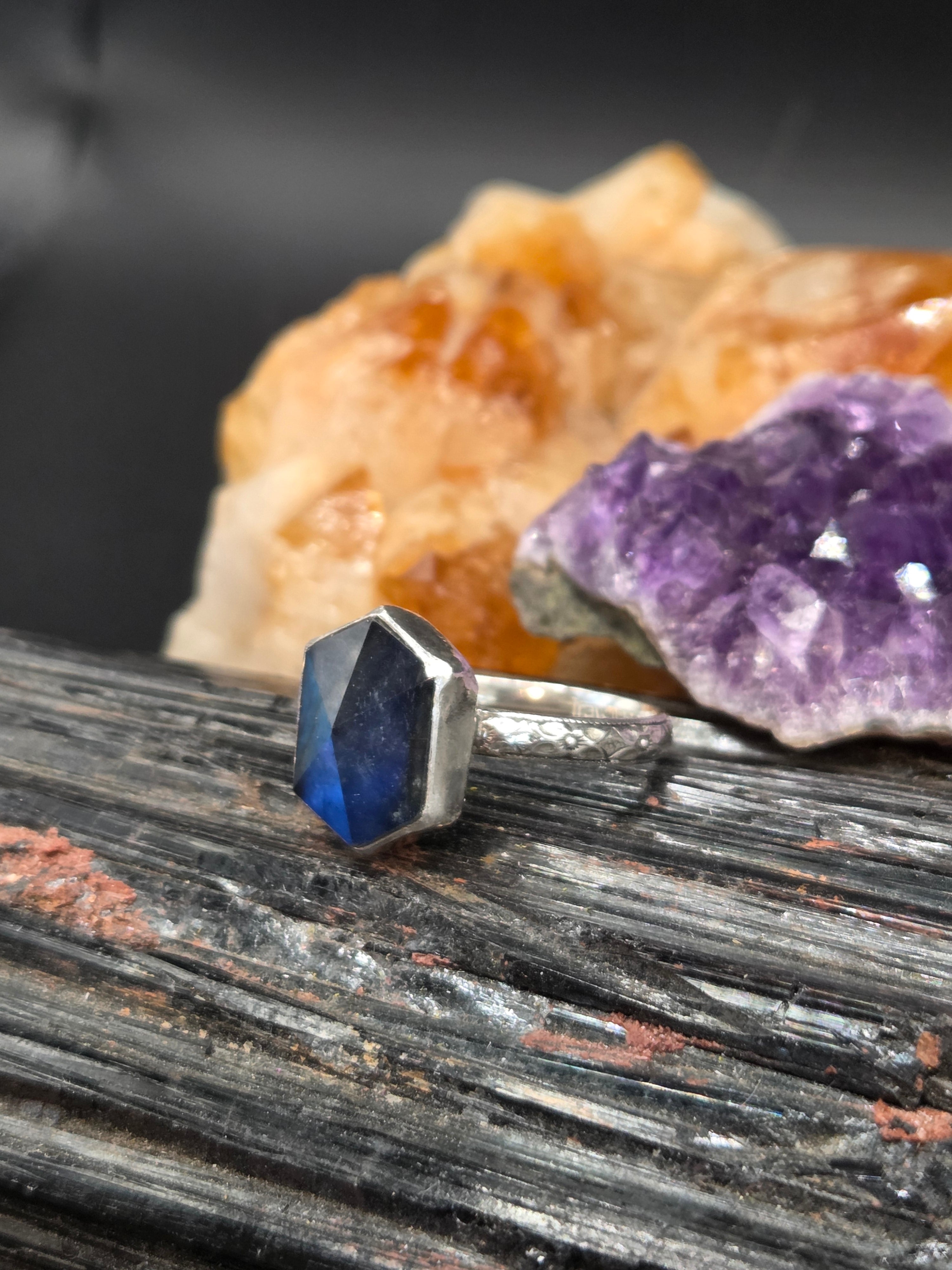 Deep Blue Labradorite Topped Golden Rutilated Quartz