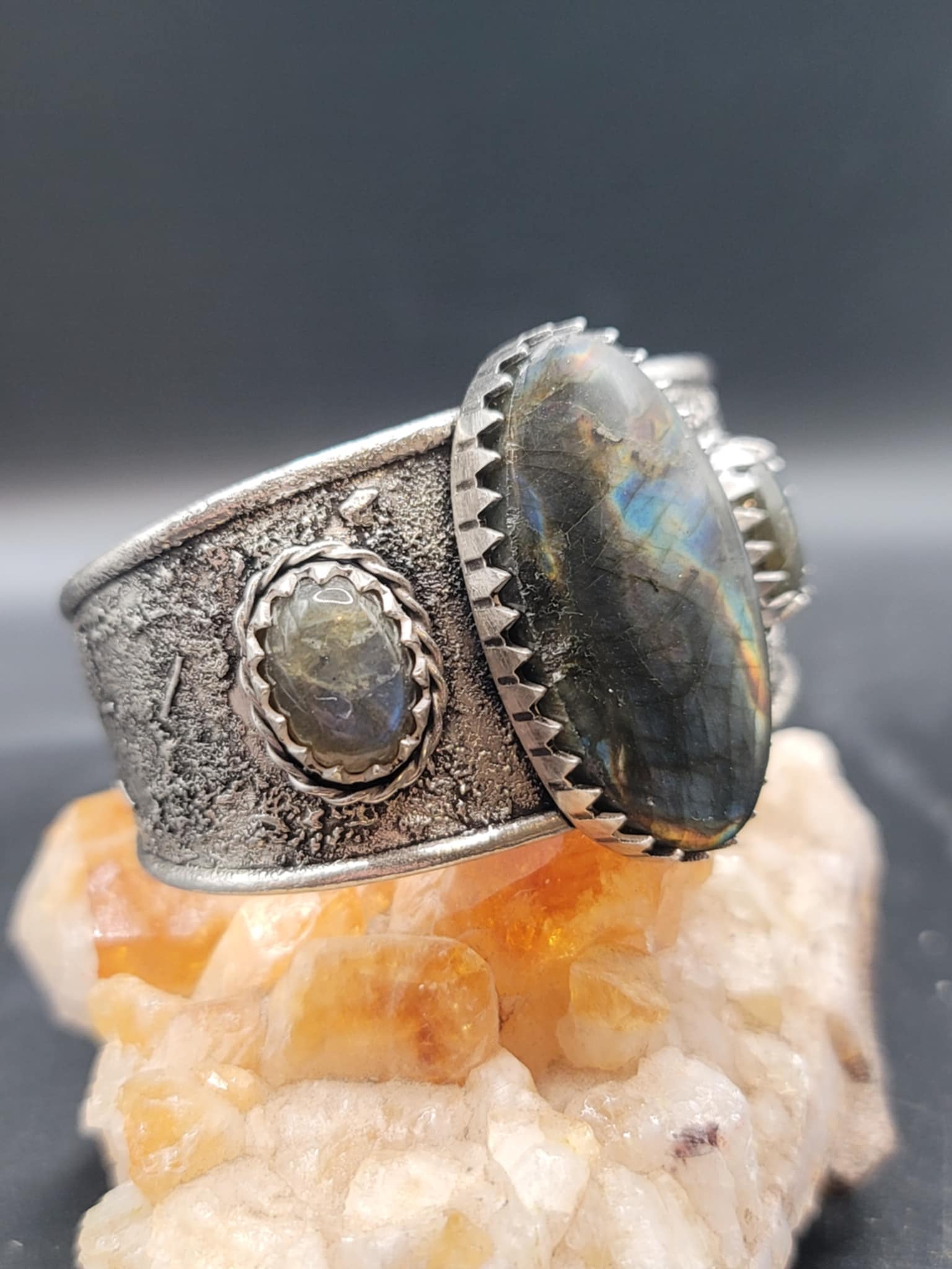 Spectrolite & Labradorite Textured Cuff Bracelet