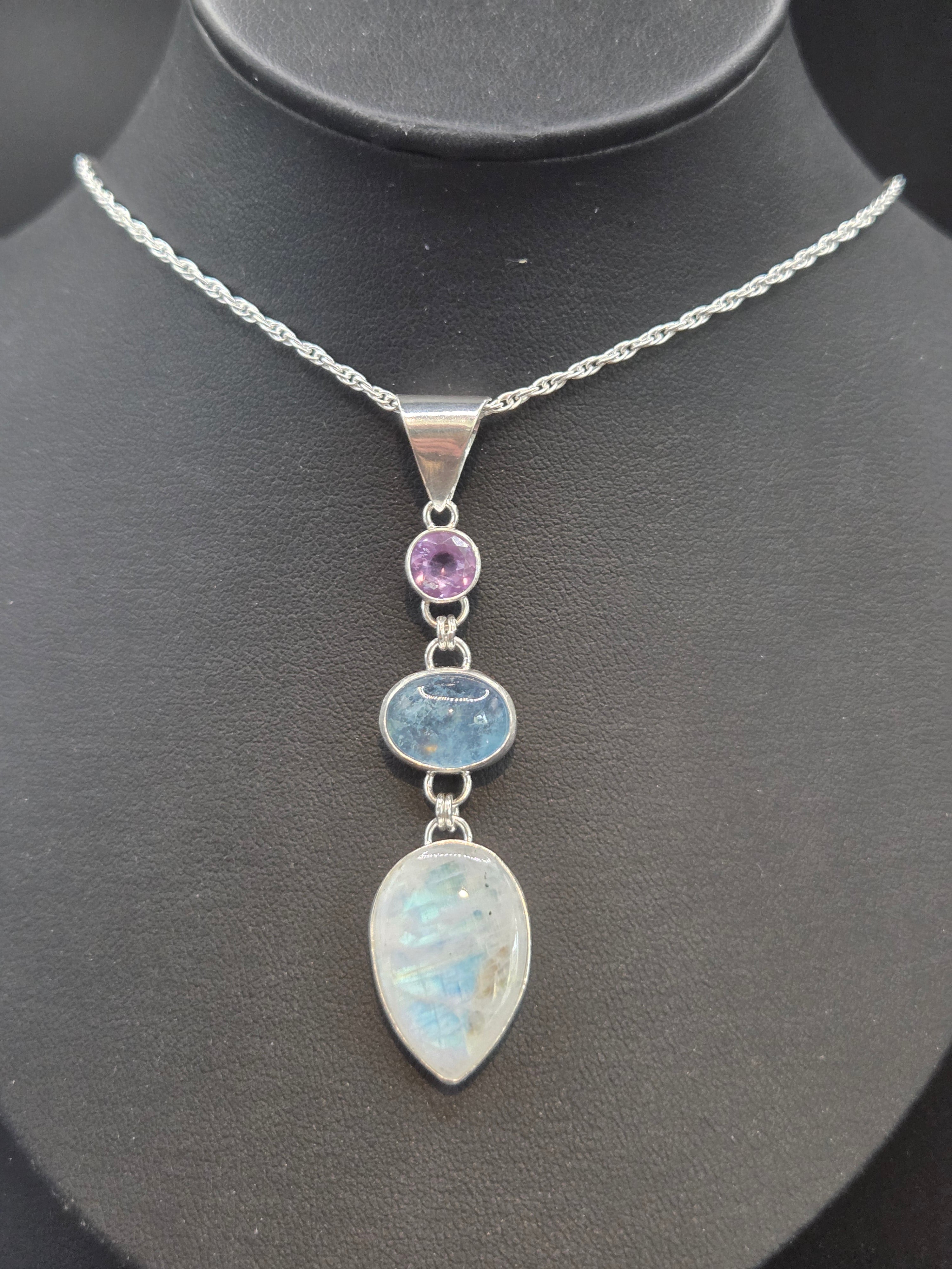 Faceted Amethyst, Aquamarine W/ Golden Hue & Rainbow Moonstone