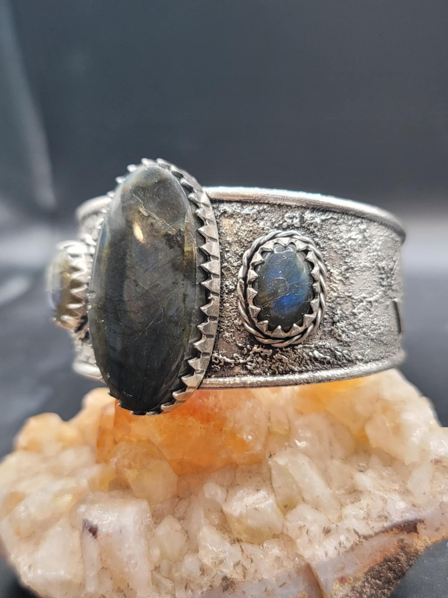 Spectrolite & Labradorite Textured Cuff Bracelet