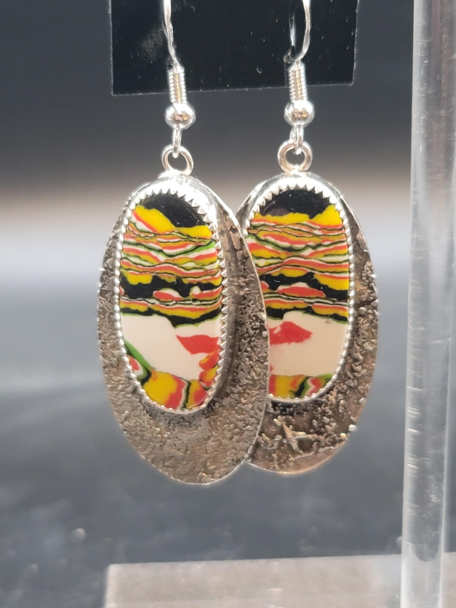 Rasta Fordite Silver Textured Earrings