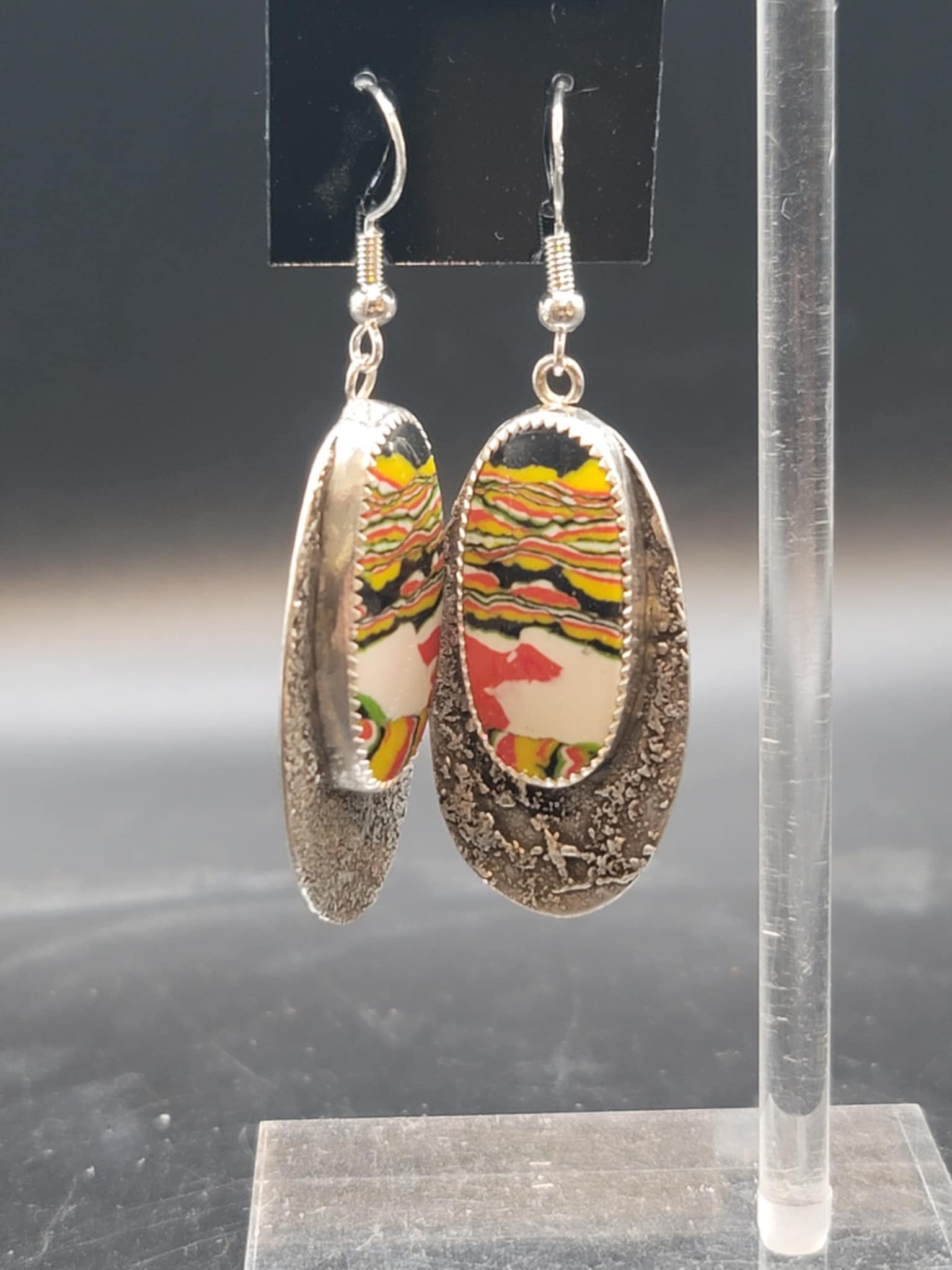 Rasta Fordite Silver Textured Earrings