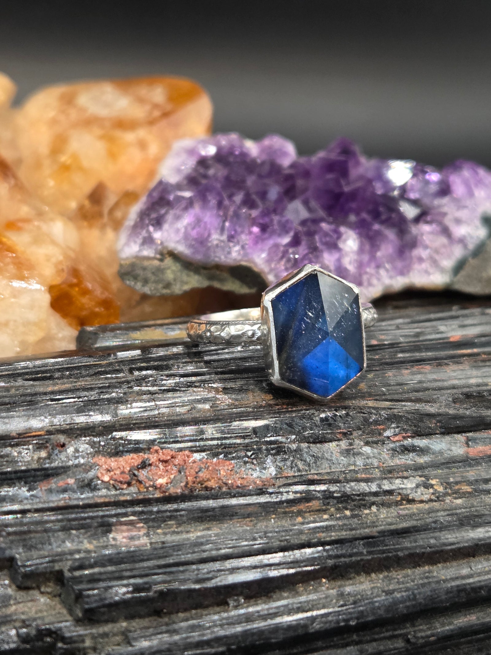Deep Blue Labradorite Topped Golden Rutilated Quartz