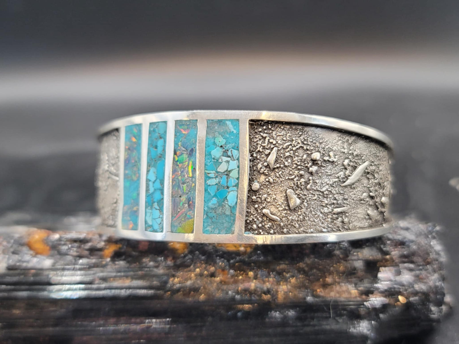 Turquoise & Black Opal, Silver Dusted Bracelet